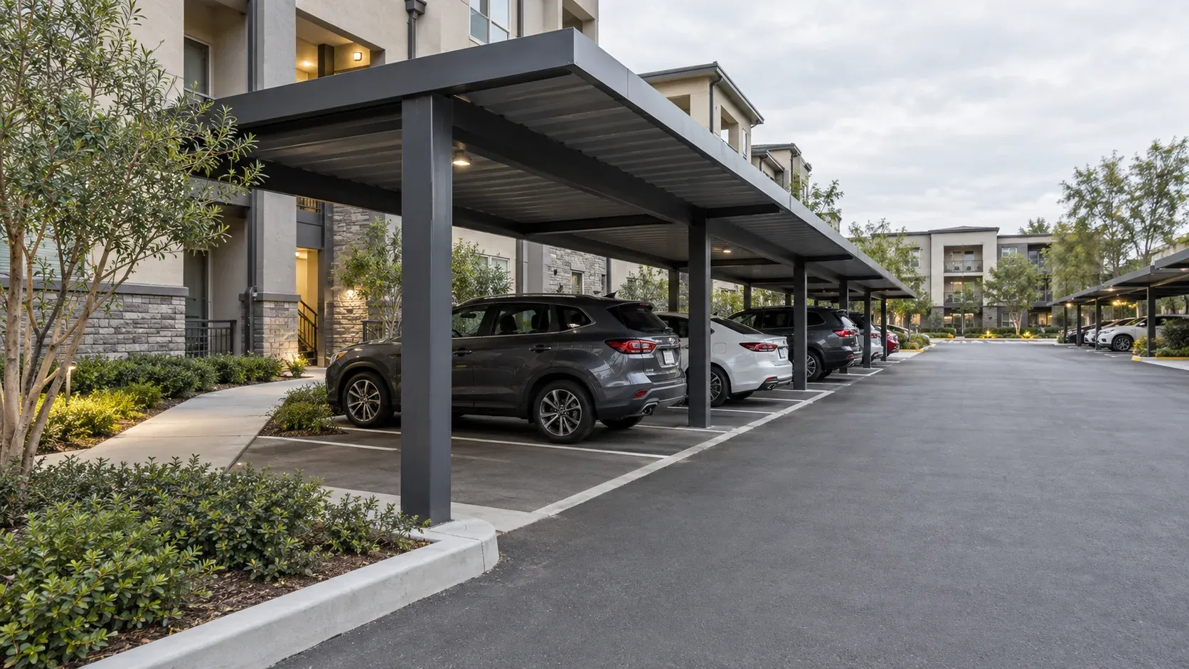 Multifamily carport parking row with steel columns, resident vehicles, a clear drive aisle, and a sidewalk to the apartment building.