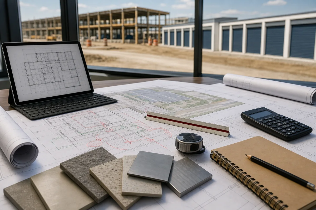 Construction plans and project guidance materials on a planning table
