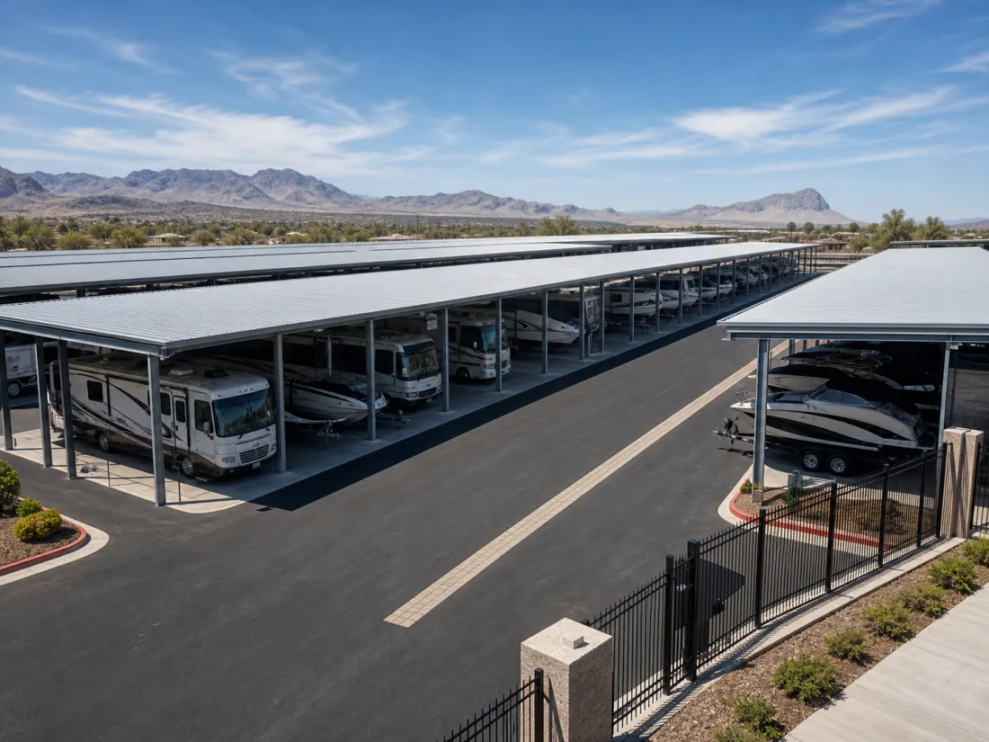 Covered RV and boat storage rows with wide circulation aisles.