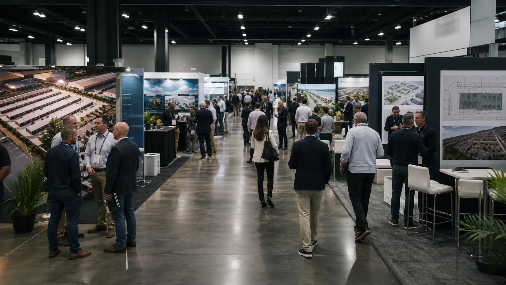 An industry event floor with project boards, self-storage displays, and groups meeting in the aisle.