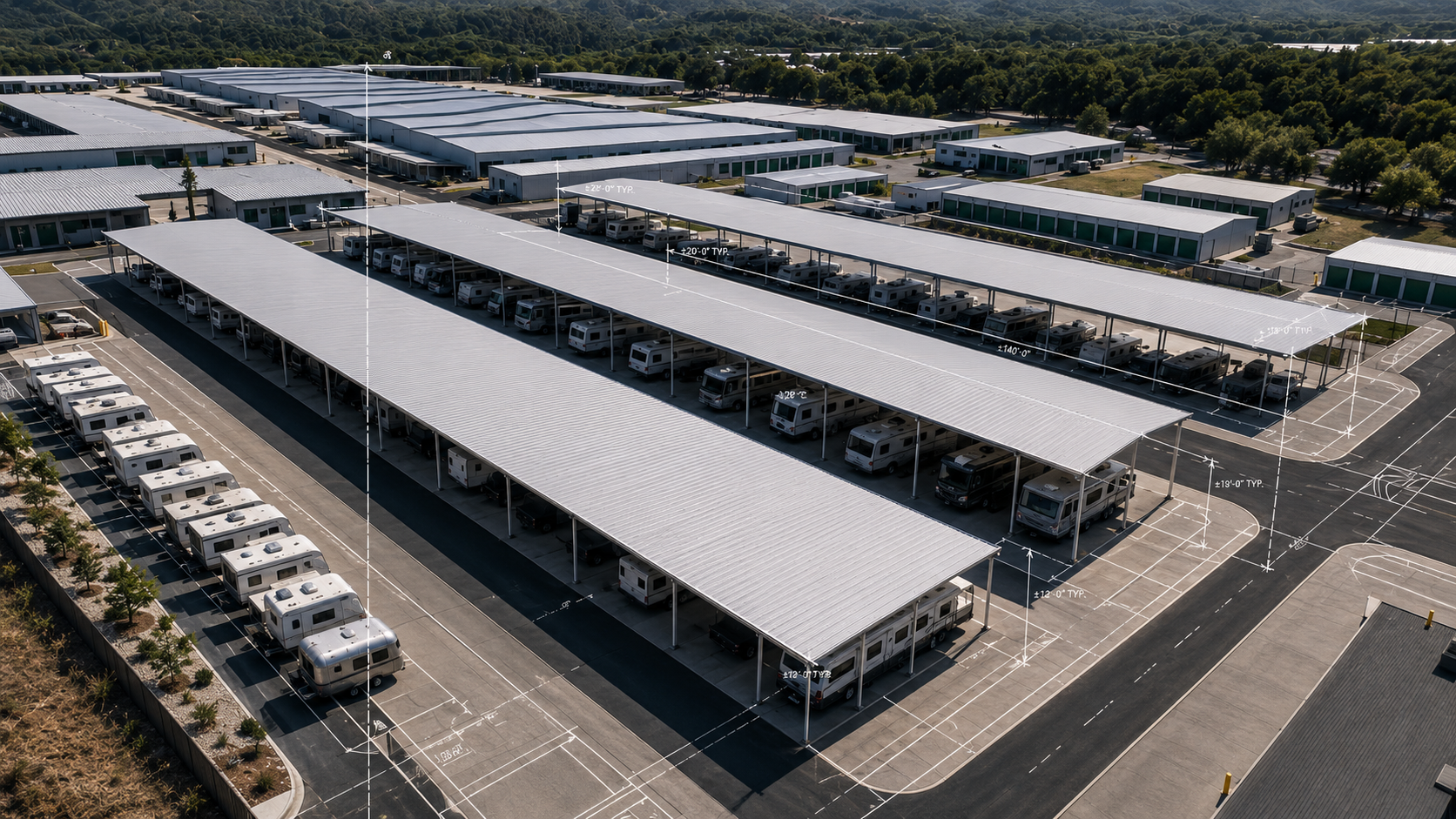 Aerial view of covered RV storage, self-storage buildings, and marked site-planning dimensions.