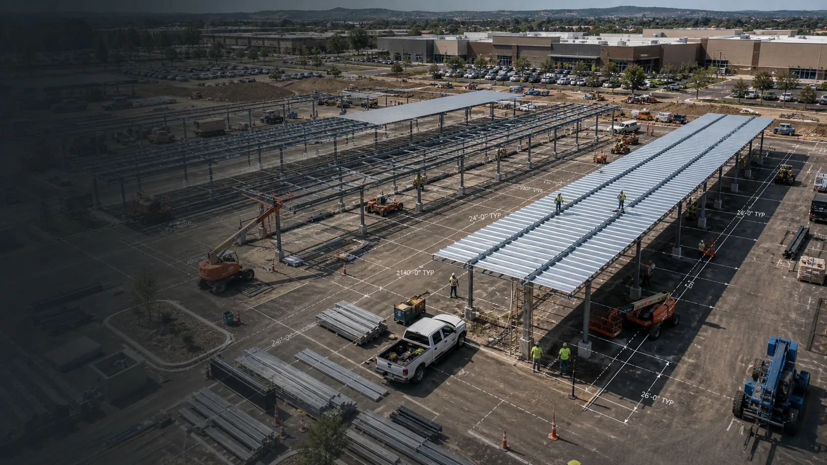 A carport canopy construction site with steel columns, roof framing, equipment, and site planning dimension marks.
