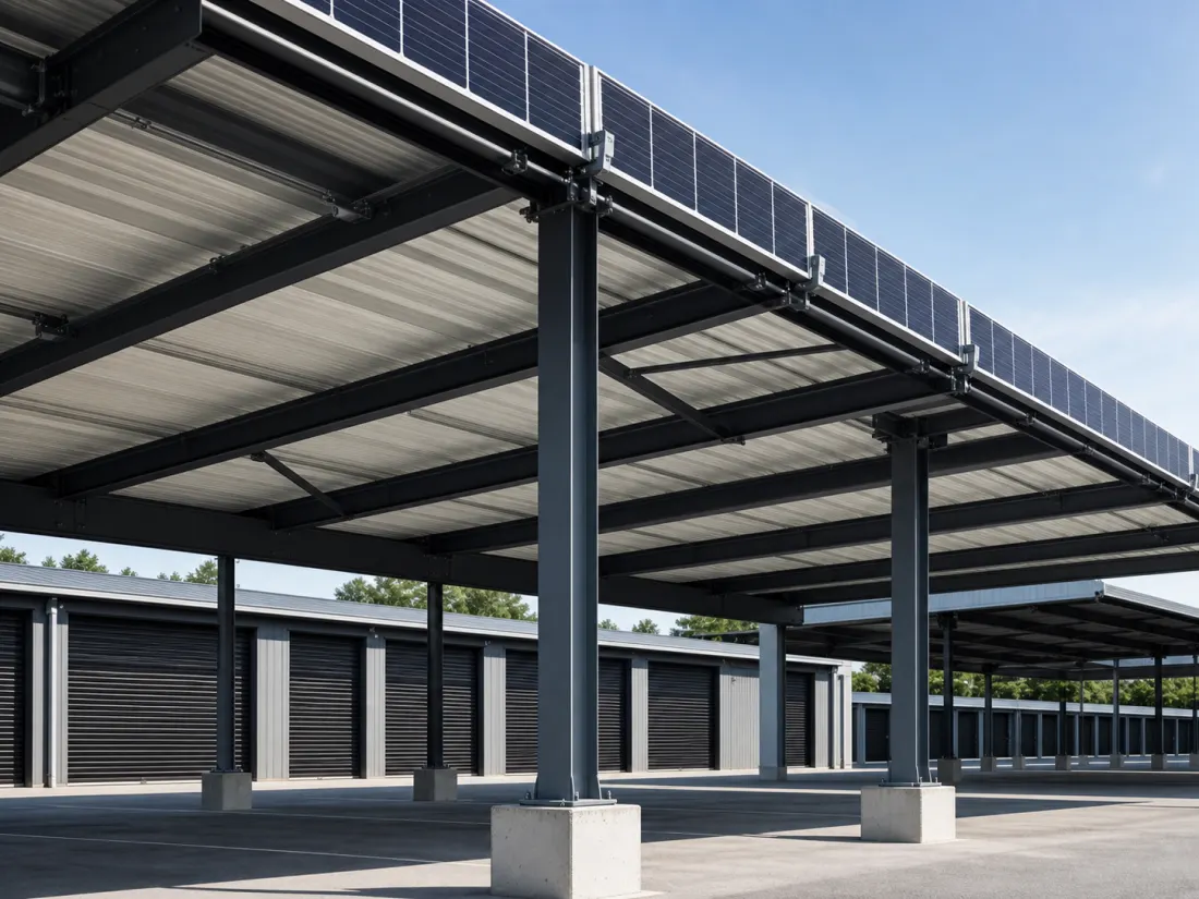 A solar-ready canopy structure over vehicle storage bays.