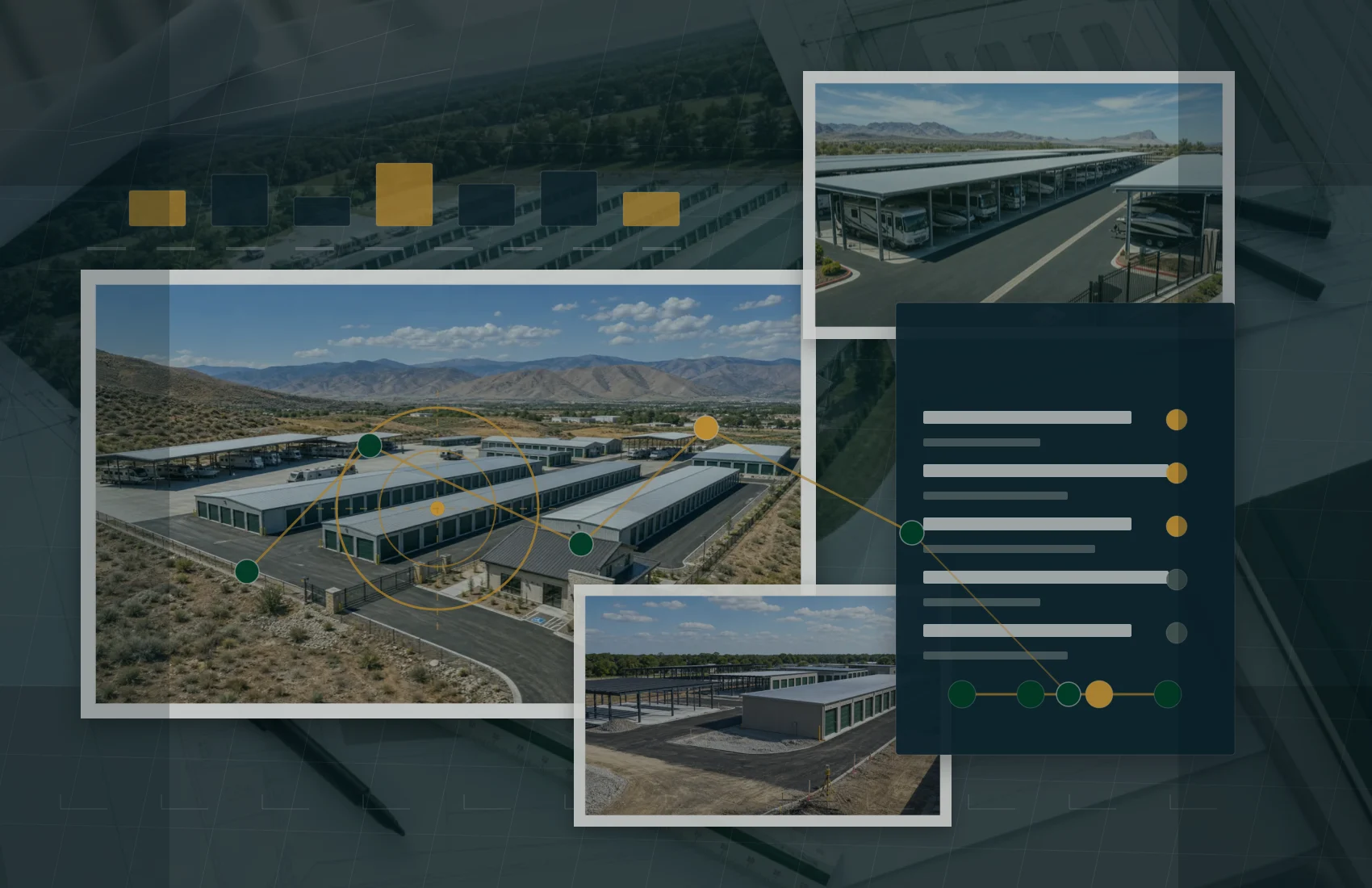 Storage acquisition screening desk with facility photos, market review, and diligence priorities.