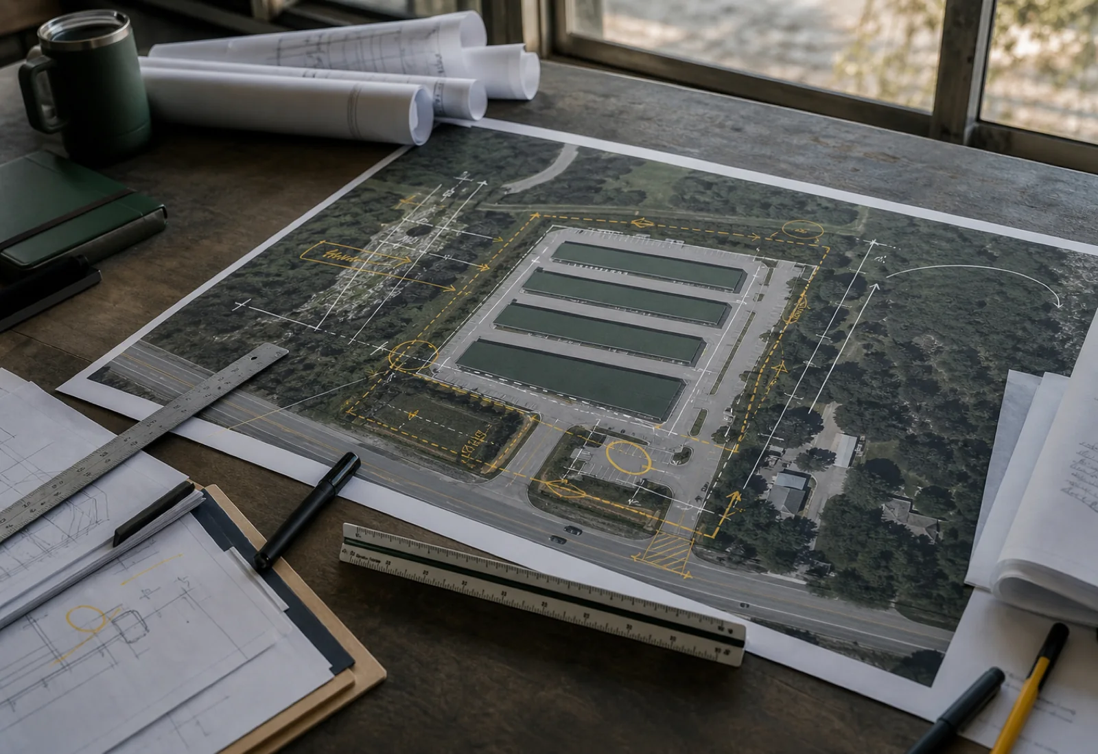 Field-office feasibility review with a marked self-storage site plan and planning tools.