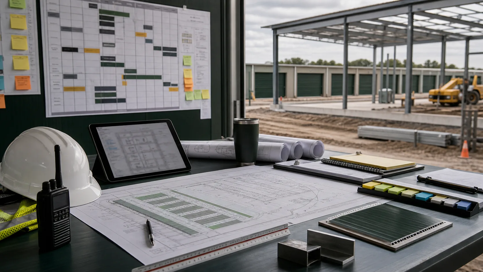 Owner-side storage project oversight table with plans, schedule board, and active site work.