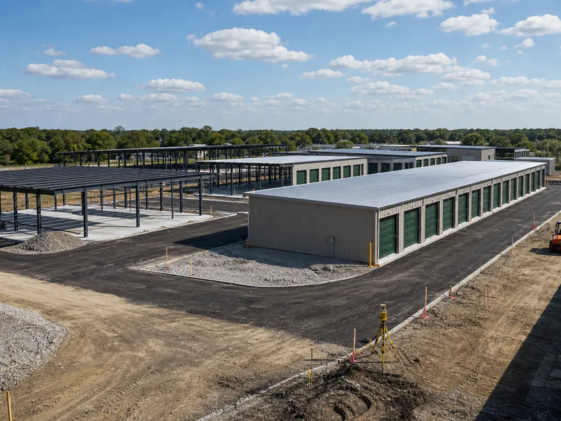A self-storage construction site with new storage buildings and active project work.